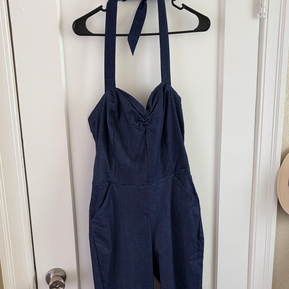 Unique Vintage Dark Navy Halter Jumpsuit